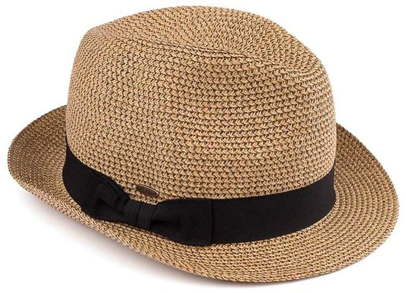 Funky Junque Ladies Fedora Hats Summer Women's Adjustable Multicolor Short Brim UPF 50+ UV Protection - Brown/Natural Mix W/Black Band - Image 2